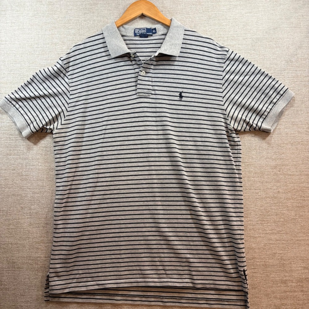 Polo Ralph Lauren Men XL Grey Black Striped Cotton Pique Polo Classic Preppy EUC - Picture 4 of 12